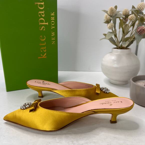 Kate Spade Darlene Satin Crystal/Bow Kitten Heel Mule Roasted Maze Women 8.5B - Picture 6 of 11